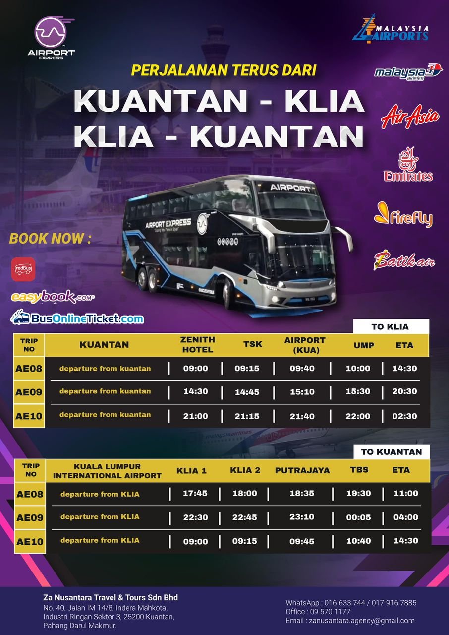 ZA Airport Express Kuantan to KLIA and KLIA to Kuantan route information